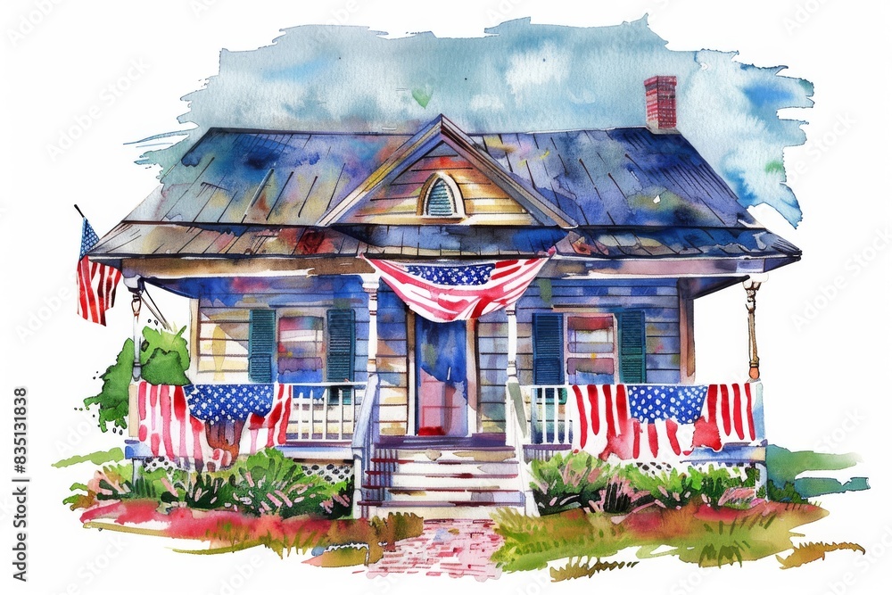Wall mural Vibrant watercolor painting of a charming American house, adorned with festive U.S. flags and patriotic decor, showcasing a blend of art and celebration. - Wall murals