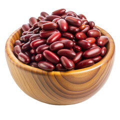 A wooden bowl filled with red kidney beans sits on a marble countertop, ready for cooking or display