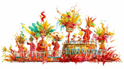 Obraz premium Vibrant watercolor illustration of a carnival parade with colorful costumes, dancers, and festive decorations on a white background.
