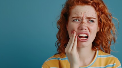 Fototapeta premium woman feel toothache from gingivitis, female suffer tooth, decay problems, dental care. sensitive tooth, decay problem, bad breath, Gingival Recession, Oral Hygiene instruction