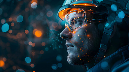 Photo realistic concept of an engineer fused with AI computer vision for visual data analysis and automation in tech and industrial ads