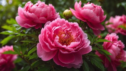 Beautiful large crimson pink peony flowers on a bush in the garden close-up macro with soft focus and beautiful bokeh Bright colorful artistic image.