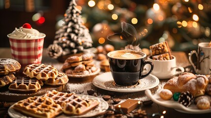 Naklejka premium Cup of hot coffee and bakery goods Various waffles and breads are on the table. and decorated with Christmas There is a Christmas tree and various decorations. to celebrate the Christmas festival