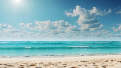 Obraz premium Beautiful background image of tropical beach Bright summer sun over ocean Blue sky with light clouds, turquoise ocean with surf and clear sand Harmony of clean environment Wide format.