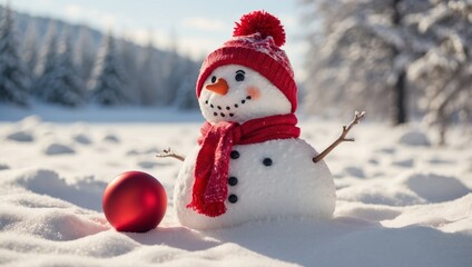 Obraz premium Snowy winter background template for Christmas Funny snowman of snowdrifts on snow and a red ball with a bow outdoors on nature in sunny weather, flat lay, copy space.