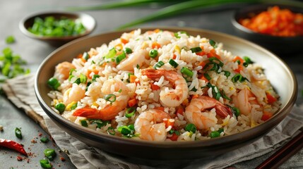 A delicious plate of shrimp fried rice garnished with green onions and vegetables in a rustic setting.