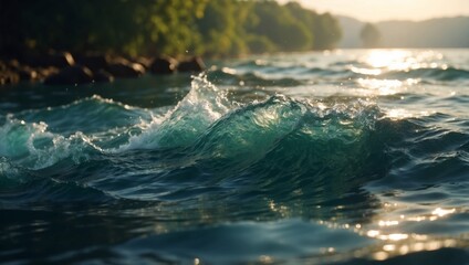 Obraz premium An original beautiful background image for creative work or design in form of water surface with chaotic waves and beautiful light reflections.