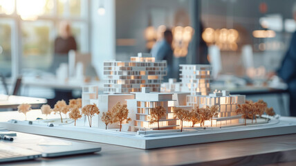 Maquette d'un quartier, &eacute;quipe de promoteurs immobiliers, d'architectes et d'hommes d'affaires travaillant sur un projet d'urbanisme