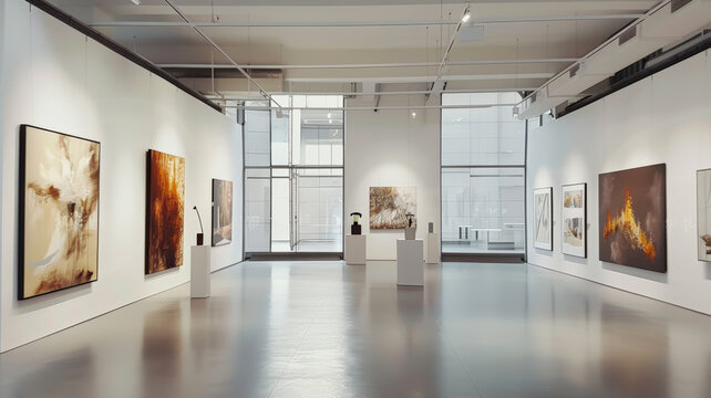 Une galerie d'art avec de belles peintures et sculptures expos&eacute;es sur des murs blancs
