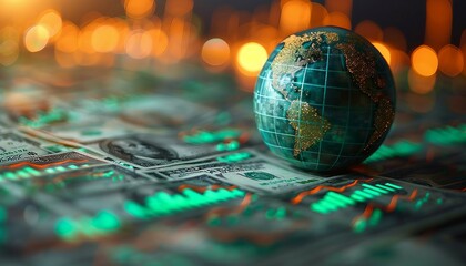 Budgeting Beyond Boundaries, globe with financial charts and currencies floating around it, global scope and impact of budgeting and financial planning