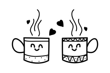 Vector illustration of hand drawn smiling cups with hearts doodle on transparent background