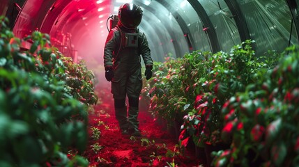Astronaut Tending to Plants in Space Greenhouse on Mars During Early Evening