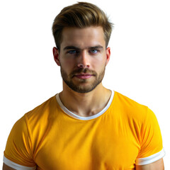 Obraz premium A man with a beard in a yellow shirt stares directly into the camera