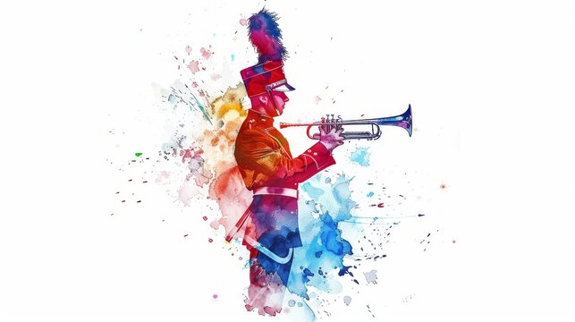 Colorful watercolor illustration of a marching band musician playing the trumpet, blending vibrant reds, blues, and splashes of paint.