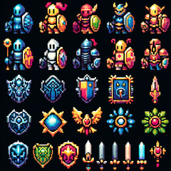 Fototapeta premium RPG Game Pixel Art Icons of Magic Armor