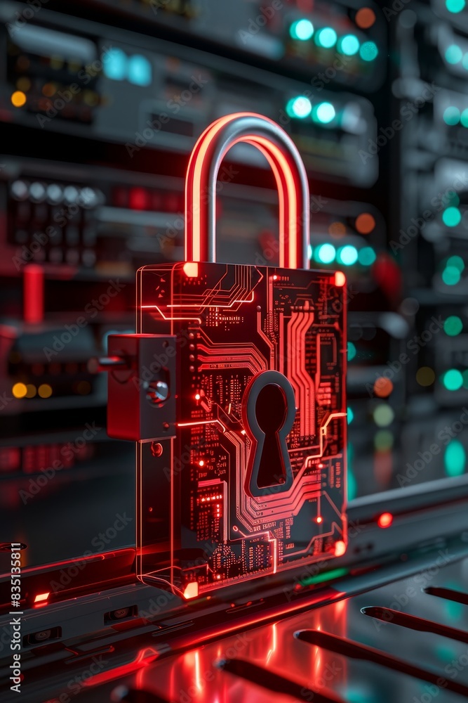 Poster modern technology concept: hightech digital padlock with virtual annotations circuit board advanced 