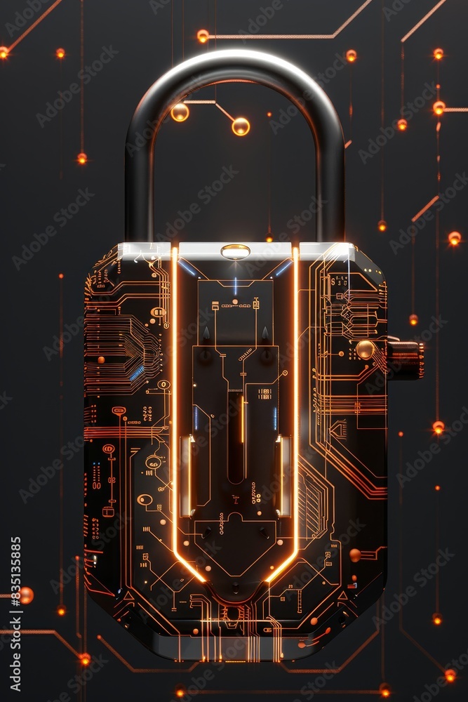 Poster modern technology concept: hightech digital padlock with virtual annotations circuit board advanced 