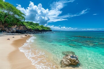 A vibrant 4K photo of a tranquil beach with smooth, golden sand, and clear, calm waters. The...