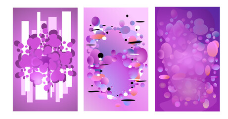 A set of three abstract purple-themed digital illustrations, featuring unique patterns of overlapping and scattered shapes, vertical rectangular bars, cluster of round shapes with gradients
