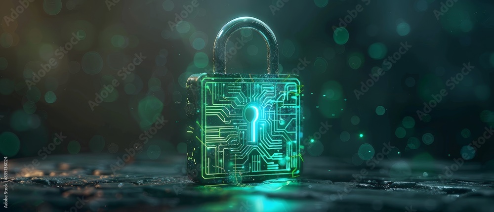 Poster modern technology concept: hightech digital padlock with virtual annotations circuit board advanced 