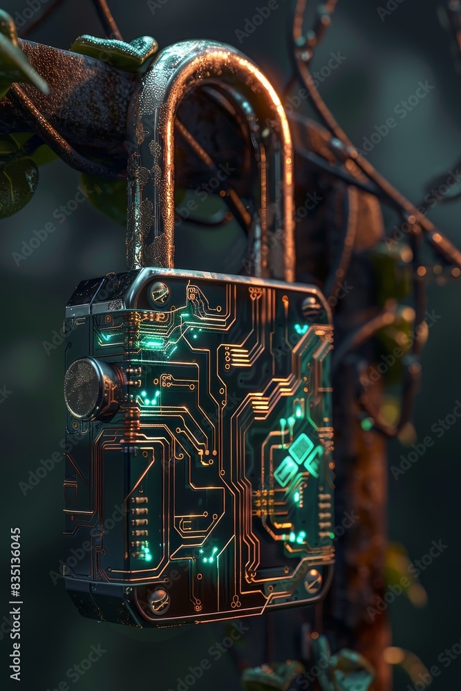 Poster modern technology concept: hightech digital padlock with virtual annotations circuit board advanced 