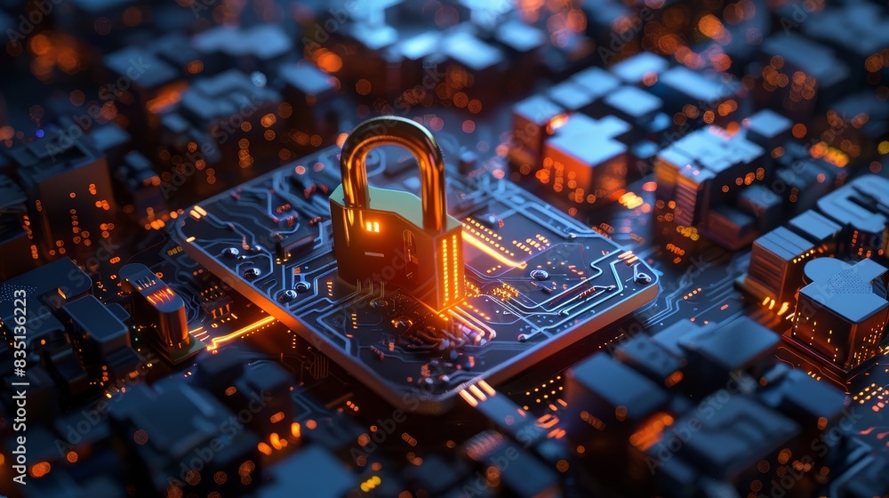 Poster modern technology concept: hightech digital padlock with virtual annotations circuit board advanced 
