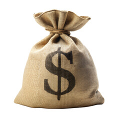 A burlap money bag with a large dollar sign printed on it, tied at the top, isolated on a transparent background