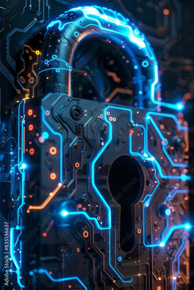 Poster modern technology concept: hightech digital padlock with virtual annotations circuit board advanced 