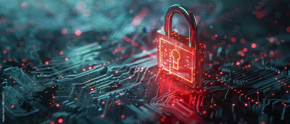 Poster modern technology concept: hightech digital padlock with virtual annotations circuit board advanced 