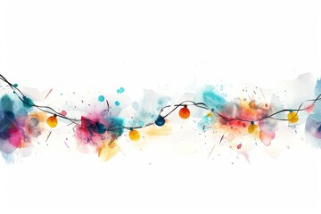 Fototapeta premium Colorful abstract string lights with splashes of watercolor on white background, perfect for festive and creative design projects.
