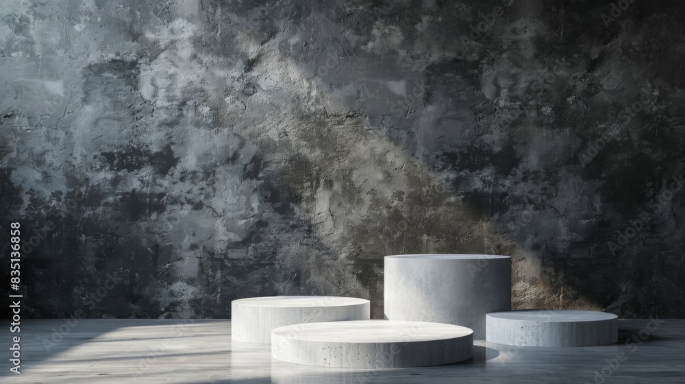 Poster three white pedestals are positioned in front of a solid concrete wall.