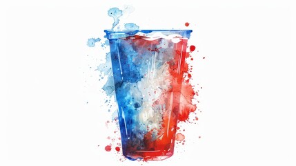 Colorful abstract splash of blue and red paint in a glass-shaped design, blending fluid art and bold hues on a white background.