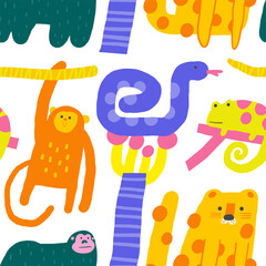 Cute jungle, wild nature seamless pattern. Funny hand drawn doodle repeatable pattern with monkey, snake, chameleon, leopard, gorilla. Mossy forest, wood theme background © nadineveresk