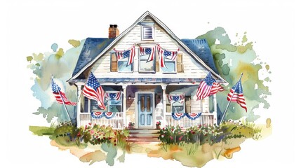 Charming watercolor painting of a vintage house adorned with American flags, celebrating patriotic spirit with colorful decorations.
