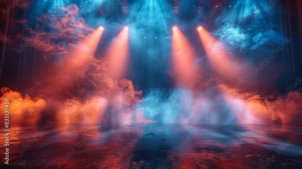 Poster abstract dramatic background of an empty stage with spotlights and fog. empty scene for product pres