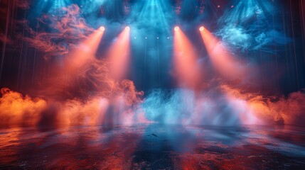 Abstract dramatic background of an empty stage with spotlights and fog. Empty scene for product presentation, concert or show.