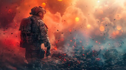 Naklejka premium soldiers standing on the battlefield Filled with exploding flames, smoke, dust, chaos, flashing lights.