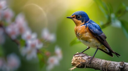 Fototapeta premium A colorful songbird perched on a branch with blooming flowers in the background on a bright spring day.