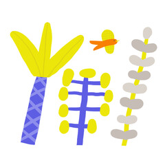 Cute jungle, rain forest composition, postcard with funny hand drawn doodle plants, flowers, trees, palm, leaves. Wild nature, mossy forest, wood t shirt print, cover, template, banner, poster print