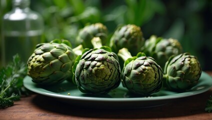 Fototapeta premium Savor the Freshness Artichokes Star in a Green Gourmet Plate.