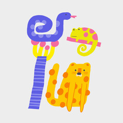 Cute jungle, rain forest composition, postcard with funny hand drawn doodle snake, palm tree, leopard, chameleon. Wild nature, mossy forest, wood t shirt print, cover, template, banner, poster, print.