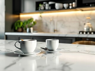 Obraz premium A white vase with flowers and two cups on a table