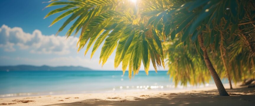 Abstract summer defocused background with frame, nature of tropical, rays of sun light Beautiful sun glare sparkle on sea water and palm leaves, blue sky Copy space, summer vacation concept.