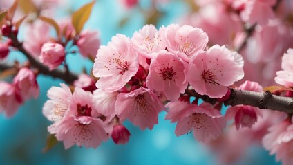 Obraz premium Beautiful spring floral background with branches of blossoming cherry, soft focus Frame of pink sakura flowers in spring close-up macro on a turquoise background outdoors in nature.