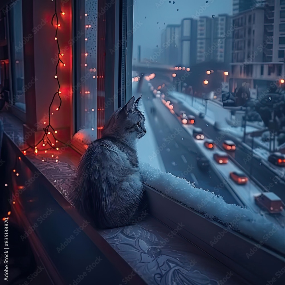Aufkleber Cozy cat sits by a city window with snowfall outside, illuminated by warm fairy lights, creating a serene winter scene.