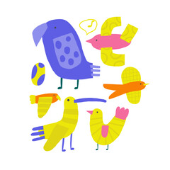 Cute jungle, rain forest composition, postcard with funny hand drawn doodle tropical birds set, parrot, ara, dove, sparrow. Wild nature, mossy forest, wood t shirt print, cover, template, banner, post