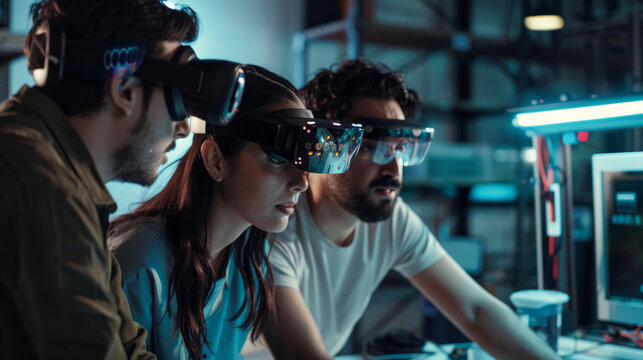 a Latin American tech team developing augmented reality shopping experiences in a futuristic lab