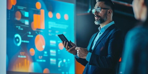 a Latin entrepreneur presenting a digital payment solution at a financial technology summit