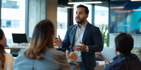 a Latin entrepreneur pitching a health tech startup to potential investors in a modern office