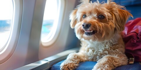 Petfriendly airline service offers window seat for traveling dogs in cabin. Concept Pet-friendly airline service, Traveling with Pets, In-cabin Pet Accommodations, Window Seat for Dogs